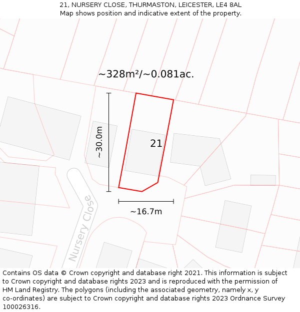 21, NURSERY CLOSE, THURMASTON, LEICESTER, LE4 8AL: Plot and title map