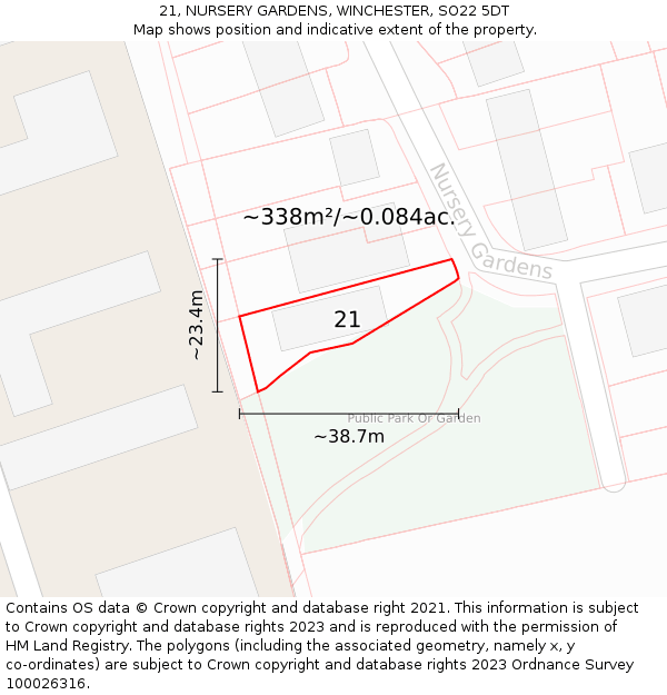 21, NURSERY GARDENS, WINCHESTER, SO22 5DT: Plot and title map