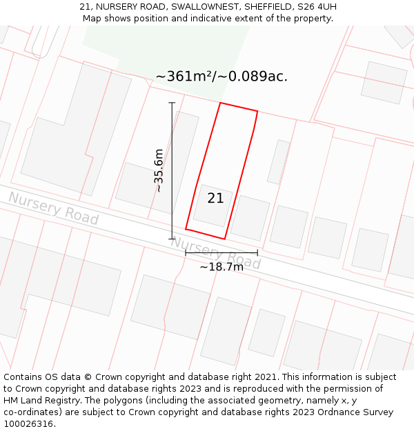 21, NURSERY ROAD, SWALLOWNEST, SHEFFIELD, S26 4UH: Plot and title map