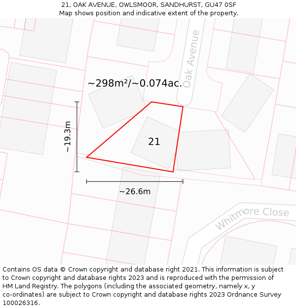21, OAK AVENUE, OWLSMOOR, SANDHURST, GU47 0SF: Plot and title map
