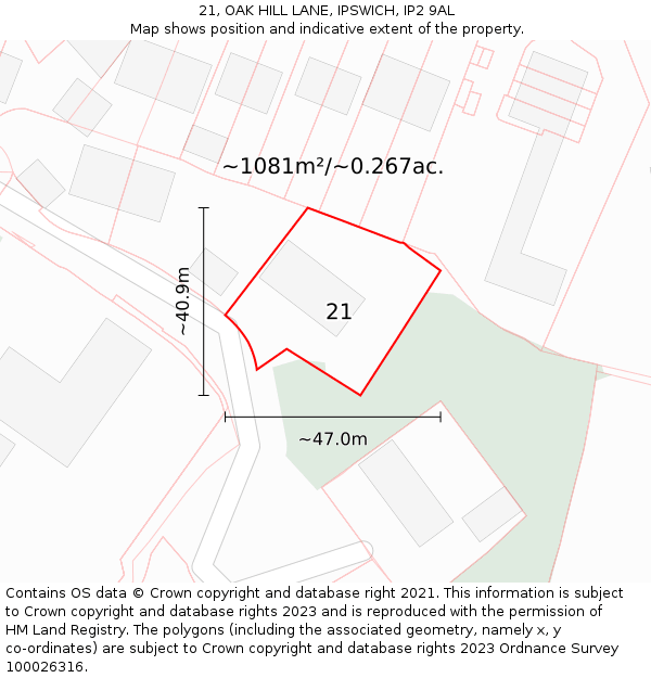21, OAK HILL LANE, IPSWICH, IP2 9AL: Plot and title map
