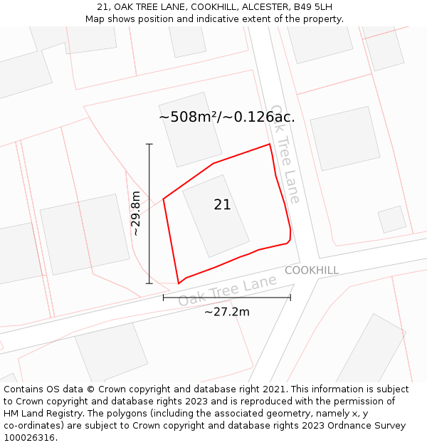 21, OAK TREE LANE, COOKHILL, ALCESTER, B49 5LH: Plot and title map