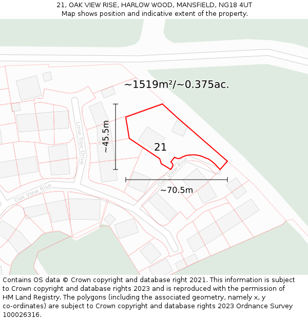 21, OAK VIEW RISE, HARLOW WOOD, MANSFIELD, NG18 4UT: Plot and title map