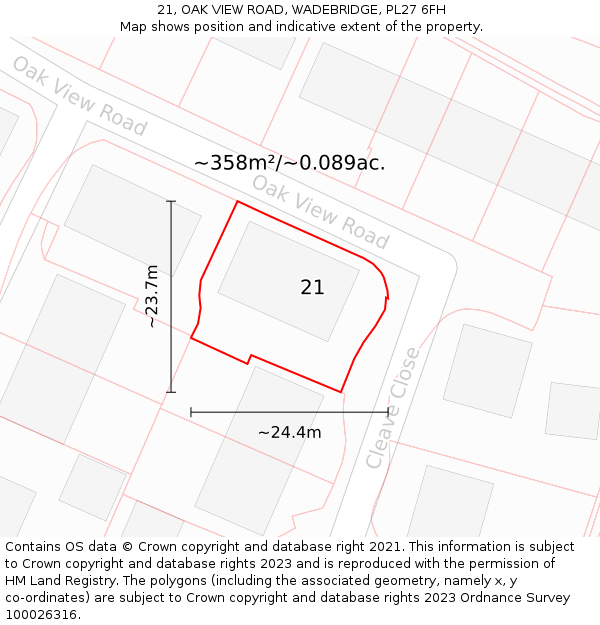 21, OAK VIEW ROAD, WADEBRIDGE, PL27 6FH: Plot and title map
