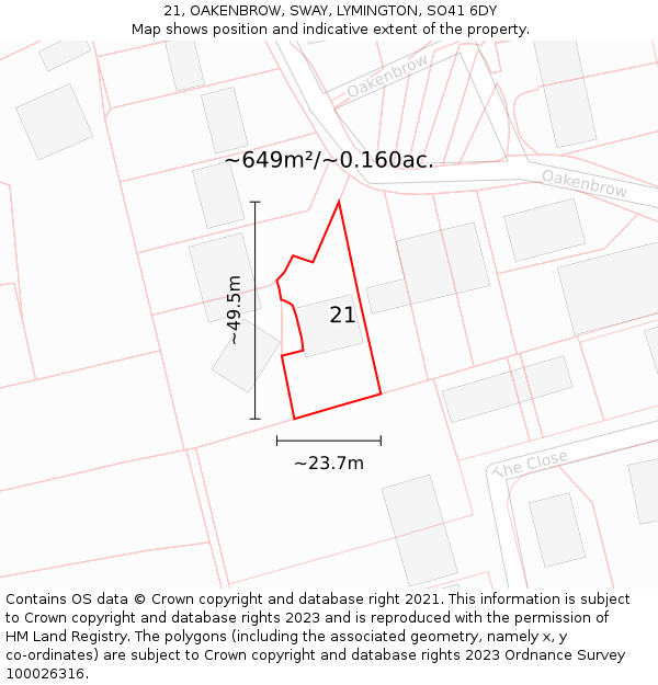 21, OAKENBROW, SWAY, LYMINGTON, SO41 6DY: Plot and title map