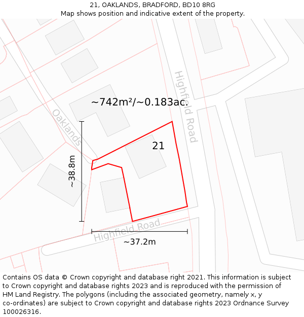 21, OAKLANDS, BRADFORD, BD10 8RG: Plot and title map