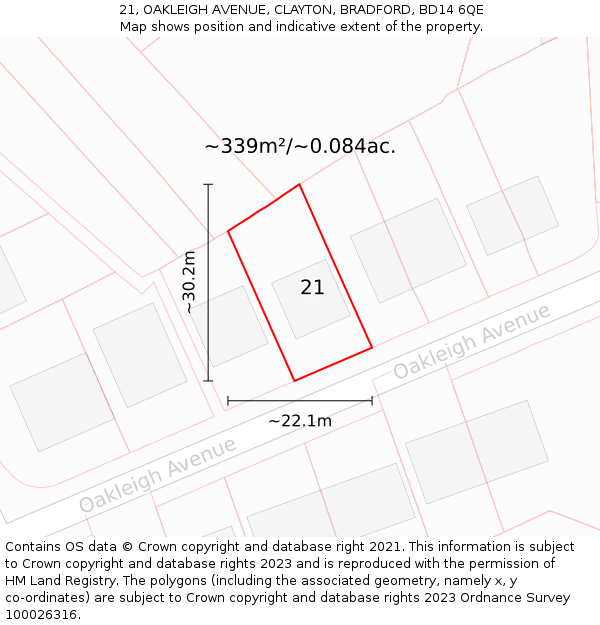 21, OAKLEIGH AVENUE, CLAYTON, BRADFORD, BD14 6QE: Plot and title map