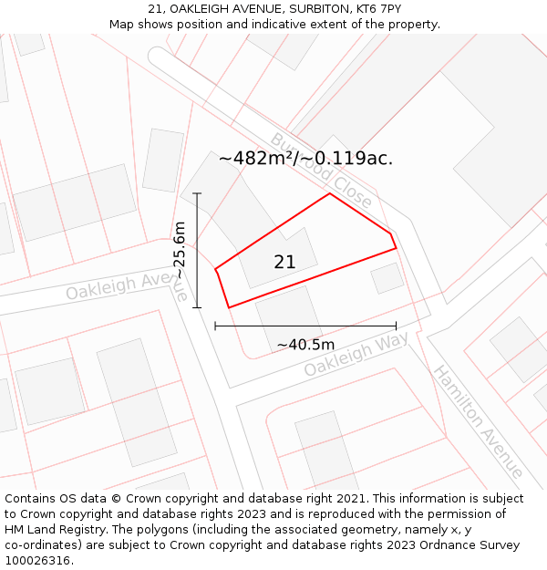 21, OAKLEIGH AVENUE, SURBITON, KT6 7PY: Plot and title map