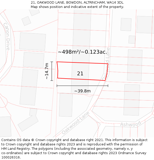 21, OAKWOOD LANE, BOWDON, ALTRINCHAM, WA14 3DL: Plot and title map