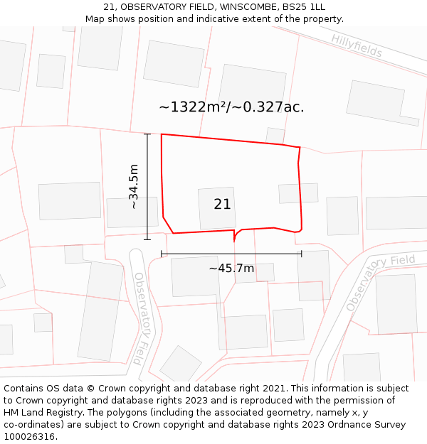 21, OBSERVATORY FIELD, WINSCOMBE, BS25 1LL: Plot and title map