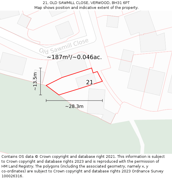 21, OLD SAWMILL CLOSE, VERWOOD, BH31 6PT: Plot and title map