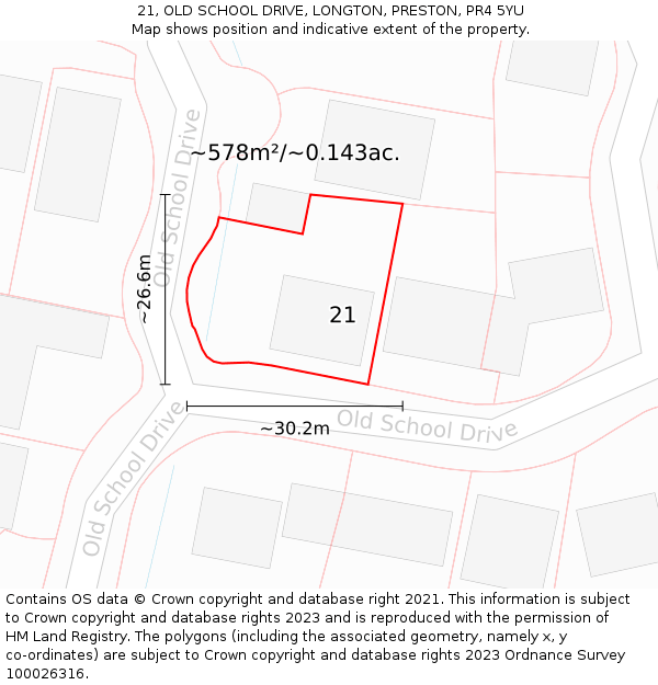 21, OLD SCHOOL DRIVE, LONGTON, PRESTON, PR4 5YU: Plot and title map