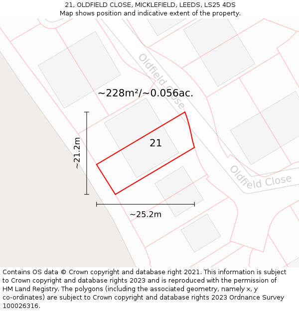 21, OLDFIELD CLOSE, MICKLEFIELD, LEEDS, LS25 4DS: Plot and title map
