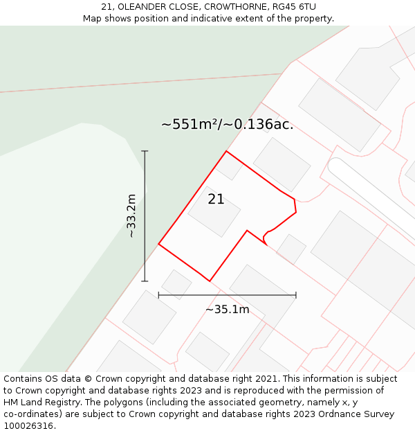 21, OLEANDER CLOSE, CROWTHORNE, RG45 6TU: Plot and title map