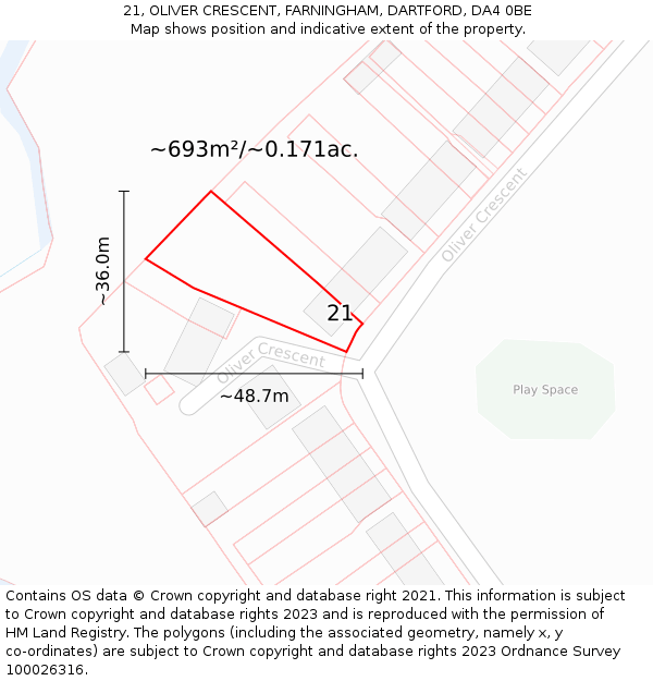 21, OLIVER CRESCENT, FARNINGHAM, DARTFORD, DA4 0BE: Plot and title map