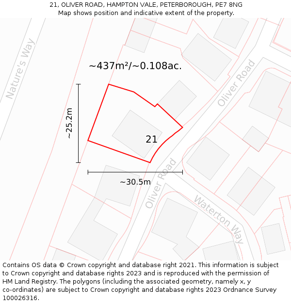 21, OLIVER ROAD, HAMPTON VALE, PETERBOROUGH, PE7 8NG: Plot and title map