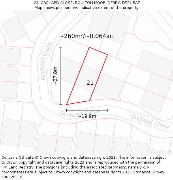 21, ORCHARD CLOSE, BOULTON MOOR, DERBY, DE24 5AE: Plot and title map