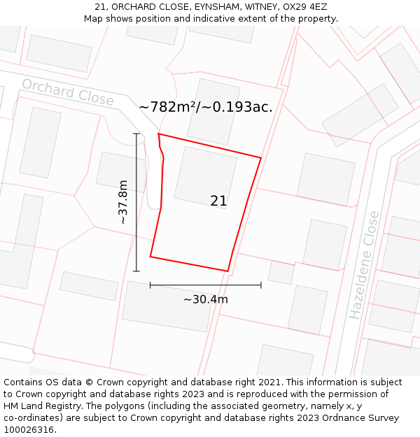 21, ORCHARD CLOSE, EYNSHAM, WITNEY, OX29 4EZ: Plot and title map