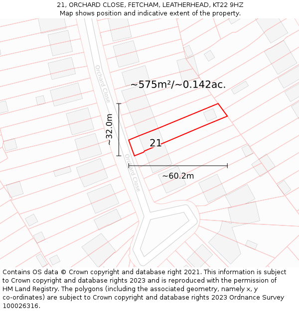 21, ORCHARD CLOSE, FETCHAM, LEATHERHEAD, KT22 9HZ: Plot and title map