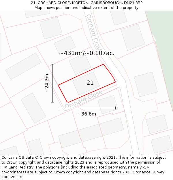 21, ORCHARD CLOSE, MORTON, GAINSBOROUGH, DN21 3BP: Plot and title map