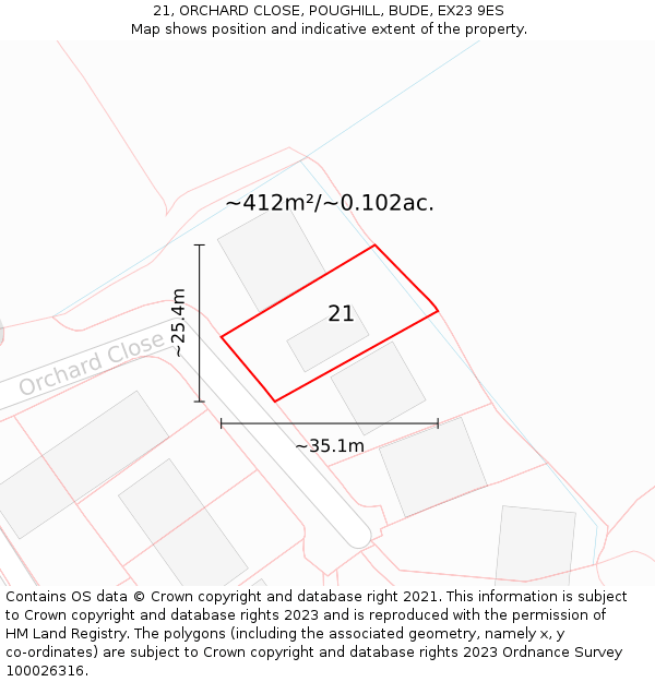 21, ORCHARD CLOSE, POUGHILL, BUDE, EX23 9ES: Plot and title map