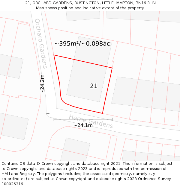 21, ORCHARD GARDENS, RUSTINGTON, LITTLEHAMPTON, BN16 3HN: Plot and title map