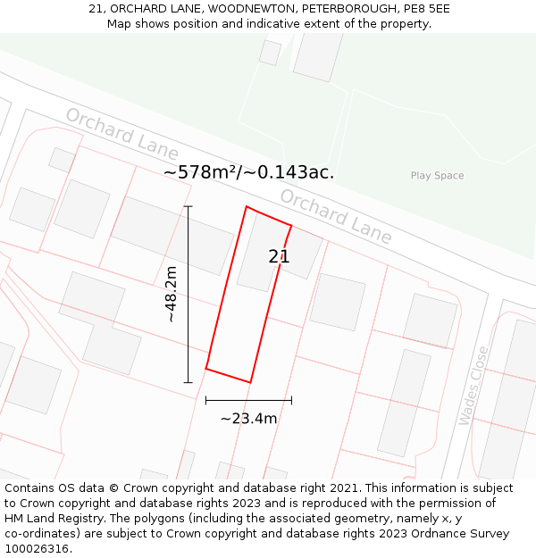 21, ORCHARD LANE, WOODNEWTON, PETERBOROUGH, PE8 5EE: Plot and title map