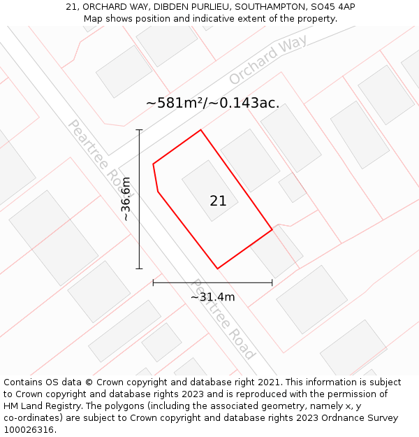21, ORCHARD WAY, DIBDEN PURLIEU, SOUTHAMPTON, SO45 4AP: Plot and title map