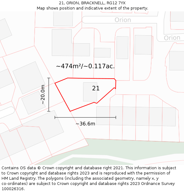 21, ORION, BRACKNELL, RG12 7YX: Plot and title map