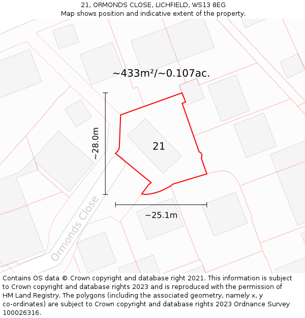 21, ORMONDS CLOSE, LICHFIELD, WS13 8EG: Plot and title map