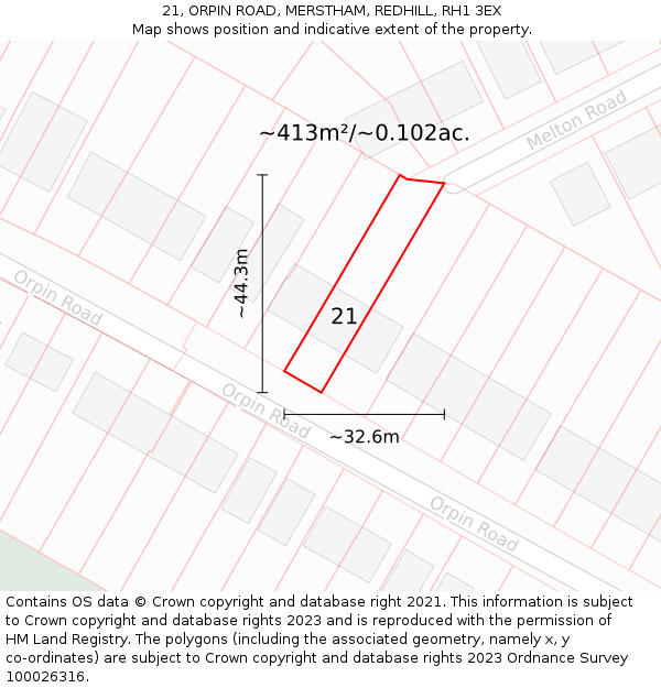 21, ORPIN ROAD, MERSTHAM, REDHILL, RH1 3EX: Plot and title map