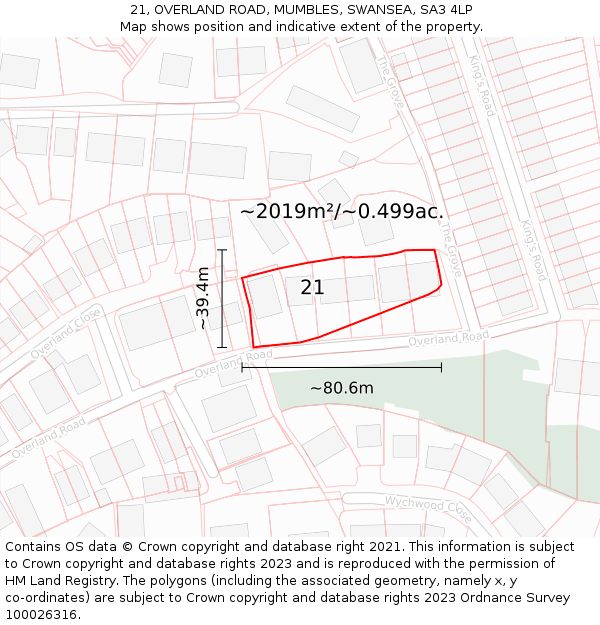 21, OVERLAND ROAD, MUMBLES, SWANSEA, SA3 4LP: Plot and title map