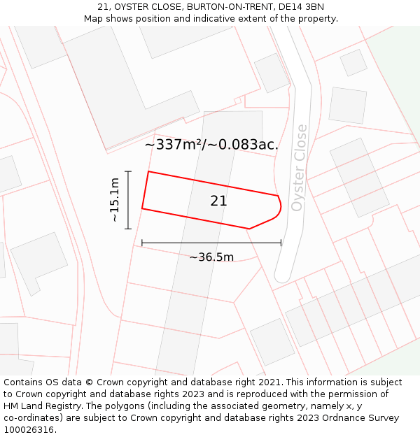 21, OYSTER CLOSE, BURTON-ON-TRENT, DE14 3BN: Plot and title map