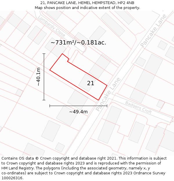 21, PANCAKE LANE, HEMEL HEMPSTEAD, HP2 4NB: Plot and title map