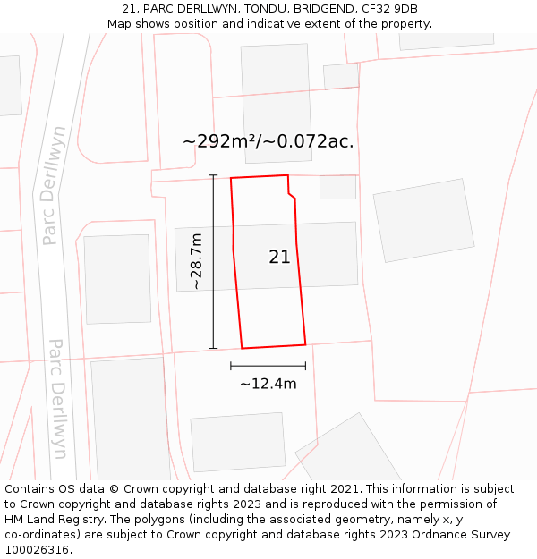 21, PARC DERLLWYN, TONDU, BRIDGEND, CF32 9DB: Plot and title map