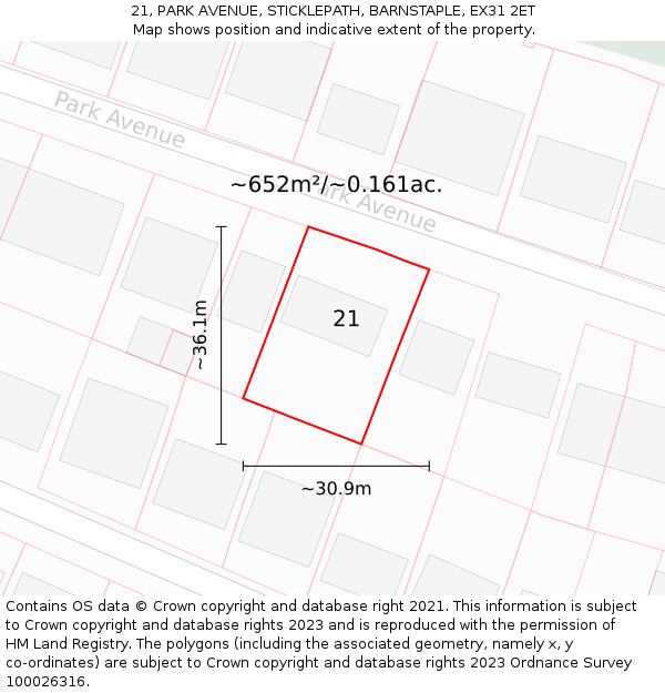 21, PARK AVENUE, STICKLEPATH, BARNSTAPLE, EX31 2ET: Plot and title map