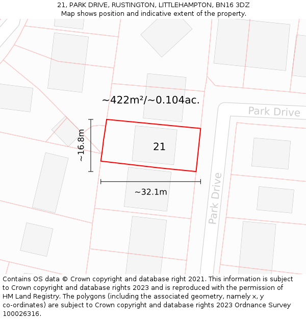 21, PARK DRIVE, RUSTINGTON, LITTLEHAMPTON, BN16 3DZ: Plot and title map