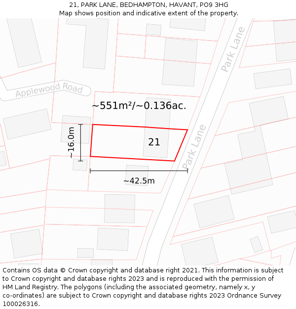 21, PARK LANE, BEDHAMPTON, HAVANT, PO9 3HG: Plot and title map