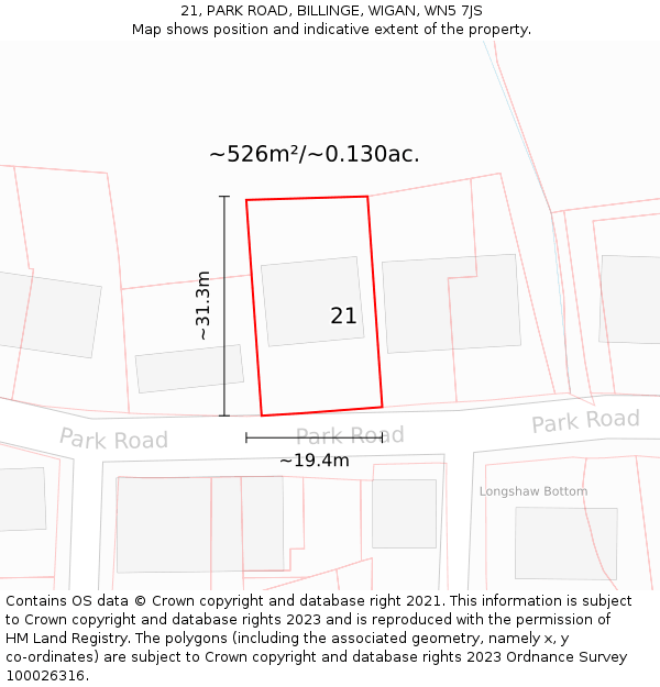 21, PARK ROAD, BILLINGE, WIGAN, WN5 7JS: Plot and title map