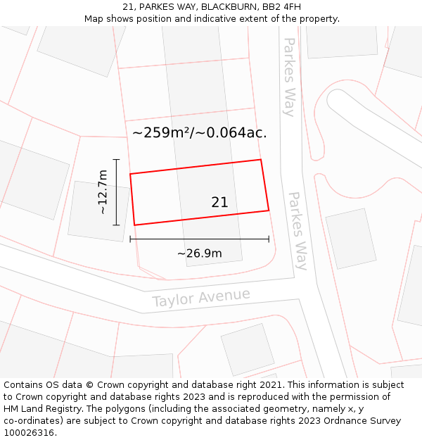 21, PARKES WAY, BLACKBURN, BB2 4FH: Plot and title map