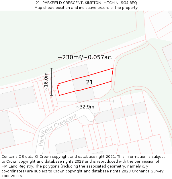 21, PARKFIELD CRESCENT, KIMPTON, HITCHIN, SG4 8EQ: Plot and title map