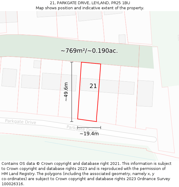 21, PARKGATE DRIVE, LEYLAND, PR25 1BU: Plot and title map