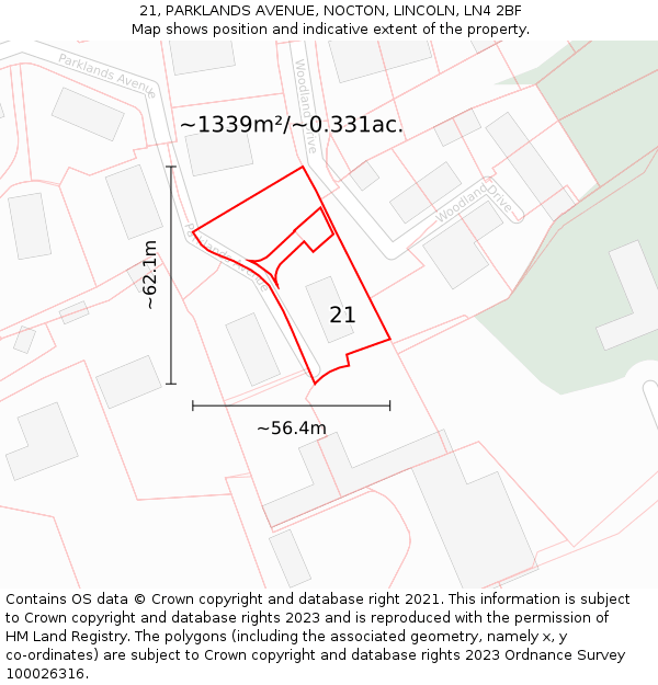 21, PARKLANDS AVENUE, NOCTON, LINCOLN, LN4 2BF: Plot and title map