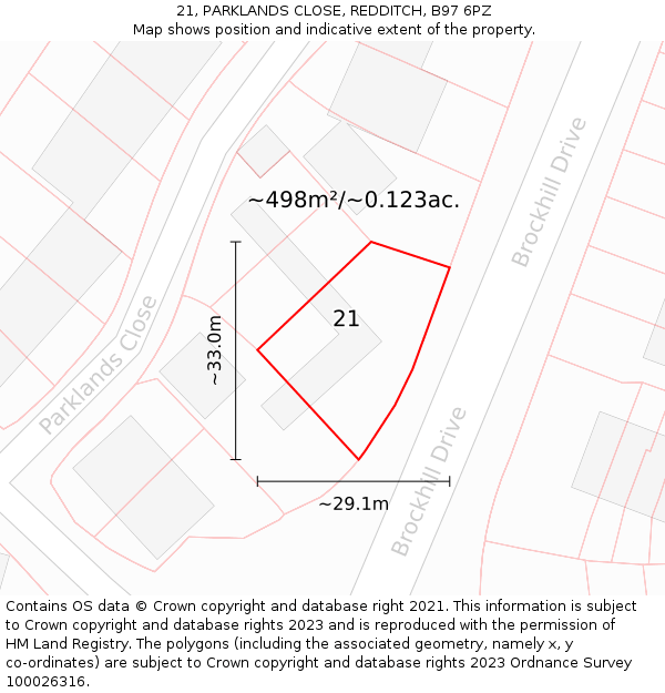 21, PARKLANDS CLOSE, REDDITCH, B97 6PZ: Plot and title map