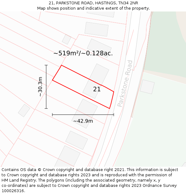 21, PARKSTONE ROAD, HASTINGS, TN34 2NR: Plot and title map