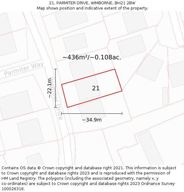 21, PARMITER DRIVE, WIMBORNE, BH21 2BW: Plot and title map