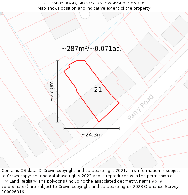 21, PARRY ROAD, MORRISTON, SWANSEA, SA6 7DS: Plot and title map