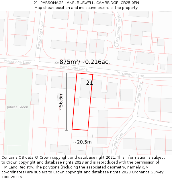 21, PARSONAGE LANE, BURWELL, CAMBRIDGE, CB25 0EN: Plot and title map