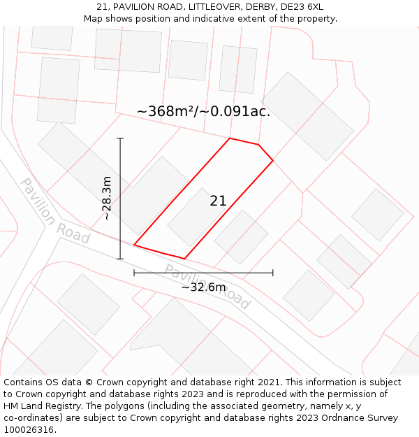 21, PAVILION ROAD, LITTLEOVER, DERBY, DE23 6XL: Plot and title map