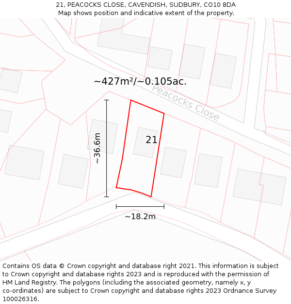 21, PEACOCKS CLOSE, CAVENDISH, SUDBURY, CO10 8DA: Plot and title map